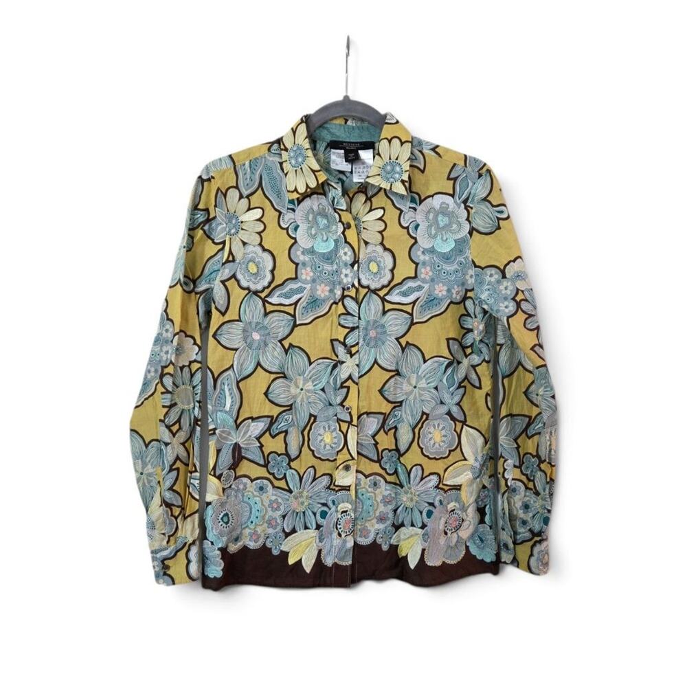 Weekend Max Mara Yellow Blue Floral Embroidered Cotton Silk Button Shirt, Medium